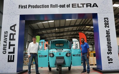 Sanjay Behl, CEO and ED, Greaves Electric Mobility Private Limited and Nirmal NR, CEO & Wholetime Director, MLR Auto Limited at the first production roll out of 'Greaves Eltra'