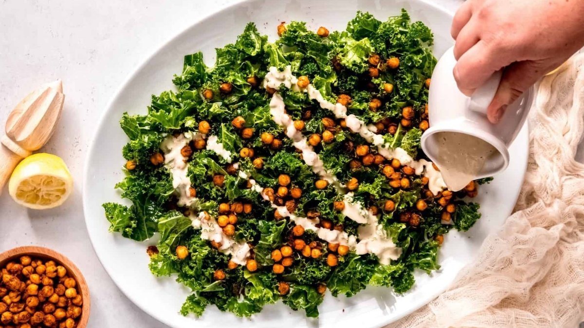 High-protein vegan chickpea salad recipe with creamy tahini dressing