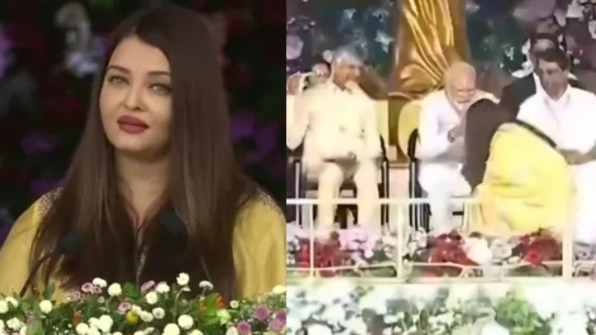 Aishwarya Rai touches PM Narendra Modi’s feet after powerful speech at Sri Sathya Sai Baba centenary event