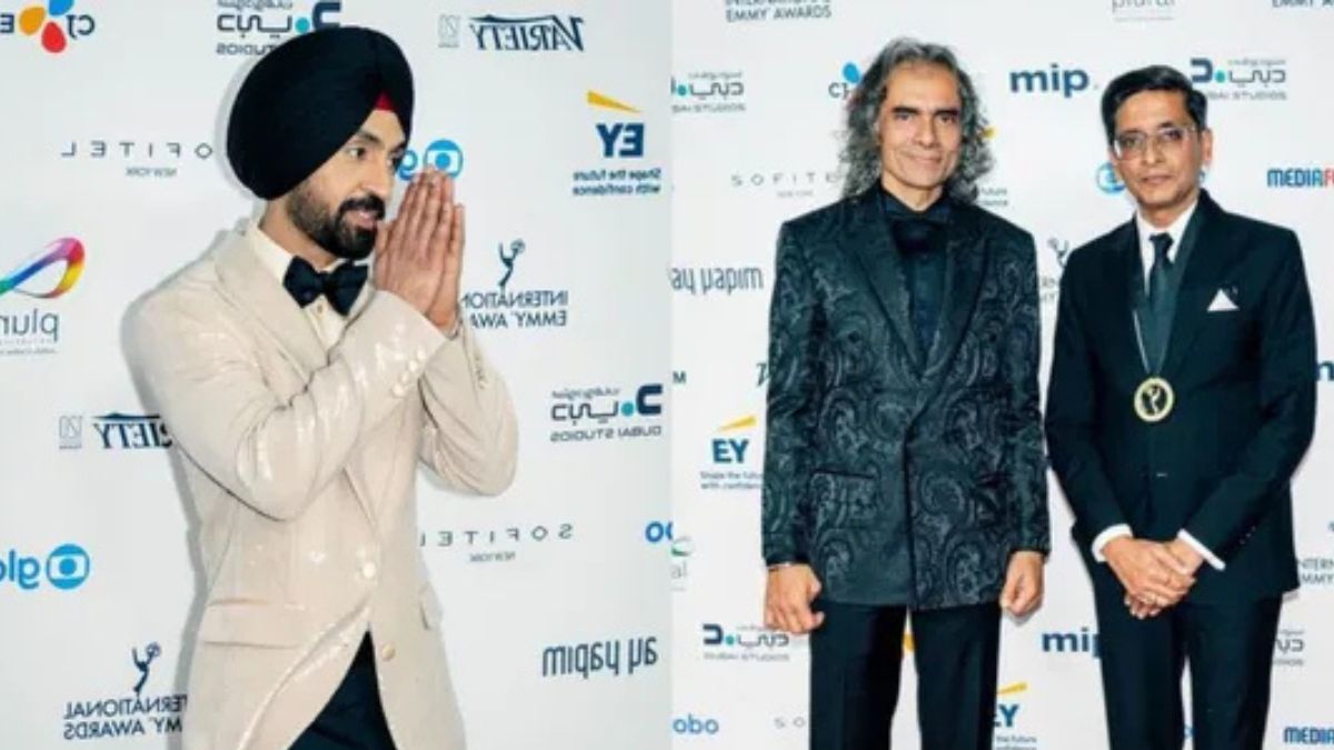 Amar Singh Chamkila duo Diljit Dosanjh and Imtiaz Ali greet paps with ‘namaste’ on the international Emmy awards 2025 red carpet
